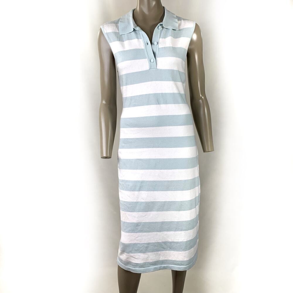 JUST FAB New Striped Sleeveless Knit T Shirt Dress Collared Size M Green White